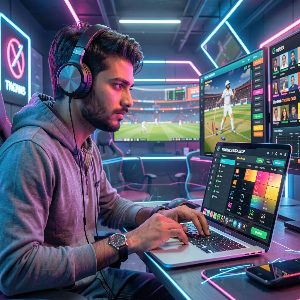 Focused Bangladeshi bettor using a laptop with live cricket betting odds on JY JILLI in a vibrant neon cyber sports betting scene