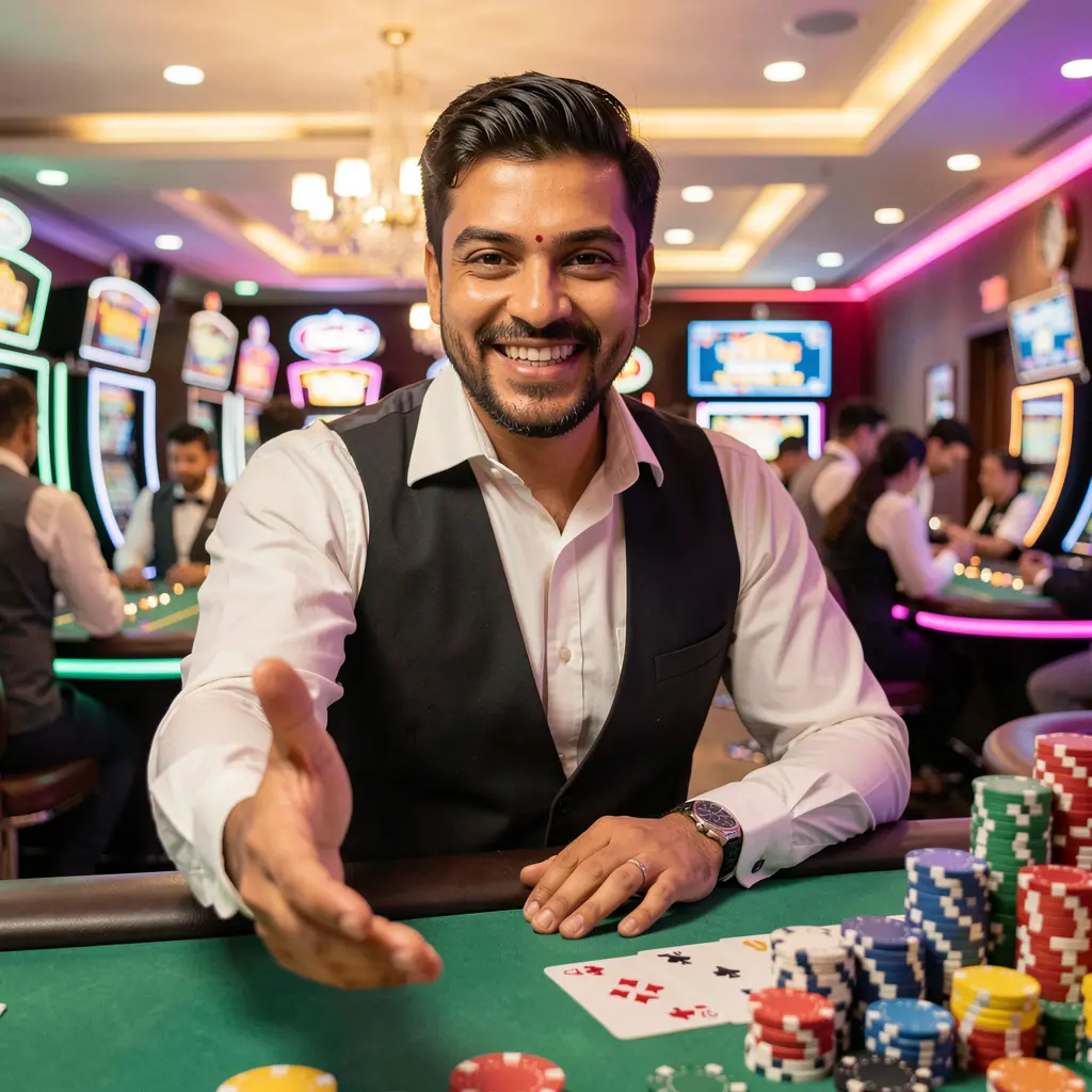 Professional Bangladeshi JY JILLI casino dealer welcoming players with an extended hand surrounded by glowing casino chips and lights